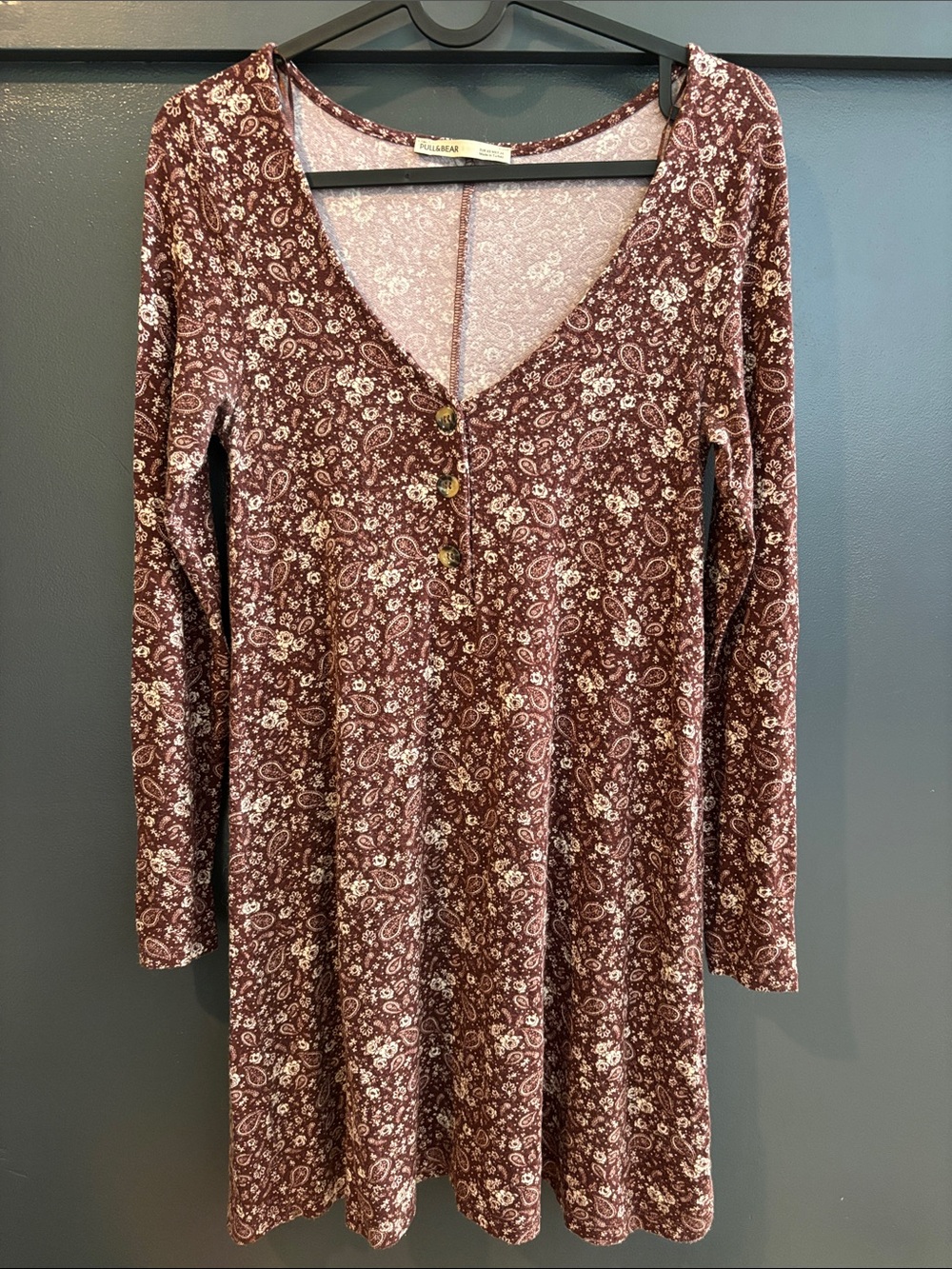 Pull&Bear Burgundy Paisley Long Sleeve V-Neck Dress